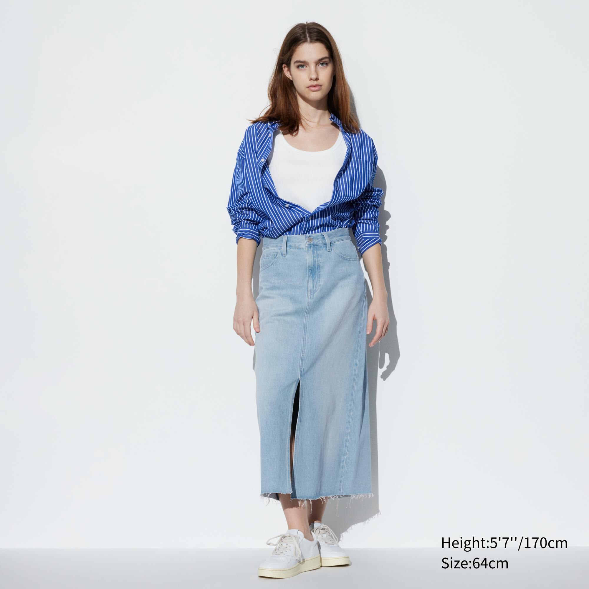 ₪109-Tigena Plus Size Maxi Denim Skirt Women 2023 Casual Solid All Match  Back Slit Pocket A Line High Waist Long Jeans Skirt -Description
